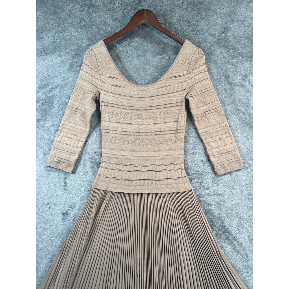 Ralph Lauren Purple Label Pleated Midi Dress XS Tan Knit Layered Bodice Viscose - Picture 9 of 13